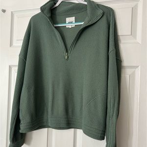 Women's Aerie Sage Green Waffle Knit Crop Pullover Half Zip SweatShirt Size XL